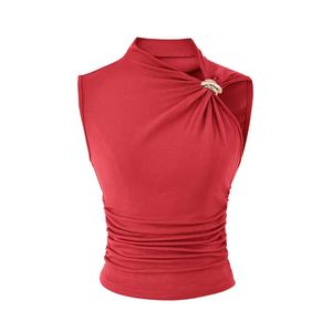Gilet sans manches asymétrique plissé coupe ajustée couleur unie avec boucle métallique, style européen et américain - Product Image 3