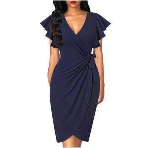 Robe de bureau élégante de style européen, col en V, taille haute, nouée, ajustée, plissée, couleur unie, mi-longue, pour femme, transfrontalière - Product Image 2