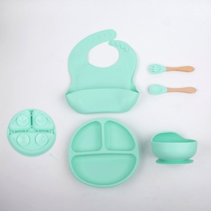 Baby Feeding Weaning Supplies Toddler Bib Cup <b>Divided</b> Plate Bowl Spoons Anti Slip Suction Cup Design Food Feeding Set - Product Image 2