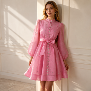 Vietnam Women's Vintage Lace Natural Waist Digital Printed Standing Collar Heavy Diamante Maxi Lantern Sleeve <b>Dresses</b> - Product Image 1
