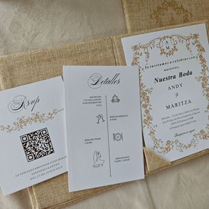 BBL Custom Eco-Friendly Fabric Wrapped Bifold <b>Wedding</b> Invitation Folder in Oatmeal Linen with Gold Foil Borders a Detalles <b>Card</b> - Product Image 3