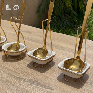 Ensemble Moderne Louche de Service en Acier Inoxydable Doré et Support en Céramique pour Mariages, Fêtes, Écumoire, Soupière et Support de Buffet - Product Image 6