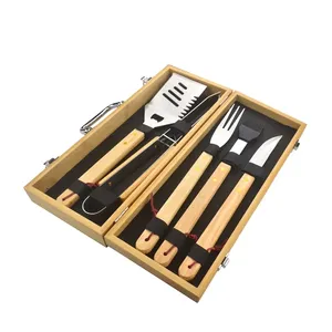 5 Piece Bbq Grill Set Premium Bamboo Bbq Tool Wood Travel Case Handle Set Wooden Camping Grilling Set