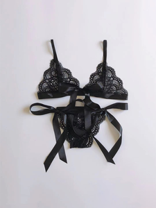 セクシーな誘惑2ピースの女性用下着セットストラップスタイル刺繍かわいい弓透明なスラッティレースランジェリー - Product Image 5