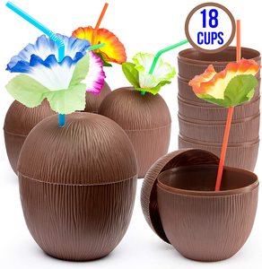 Tasse en plastique de noix de coco, pièces, de qualité alimentaire avec couvercles et pailles pour Luau, fête hawaïenne de la Jungle - Product Image 2