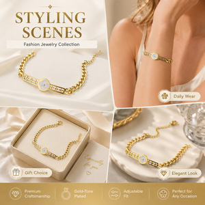 สร้อยข้อมือสแตนเลสประดับเพทายสีทองสำหรับผู้หญิง ปรับขนาดได้ พร้อมจี้หลากสี ของขวัญเครื่องประดับ - Product Image 2