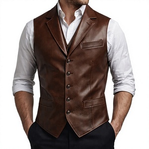 Chaleco de Cuero PU Marrón para Hombre, Formal, Sin Mangas, Cierre de un Solo Botón, con Bolsillos, para Otoño - Product Image 3
