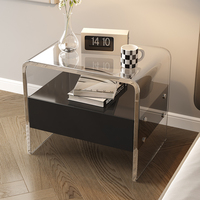 Table de chevet moderne en cuir et bois avec pieds en acrylique transparent, table de chevet de luxe à 1 tiroir pour hôtel et appartement