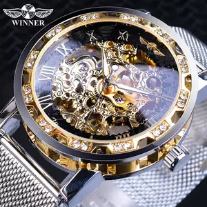 Thời Trang Mới Kinh Doanh Đồng Hồ Cơ Nam Winner 8012 Rhinestone Vàng Thép Không Gỉ Lưới Band Đồng Hồ Nam Relogio