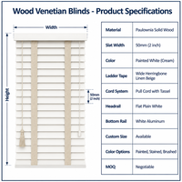 Persianas Venecianas de Madera Horizontales Simples de 50 mm, Pintadas de Blanco, con Diseño de Espiga Ancha, Cinta de Tracción, Tamaño Personalizado, para Comedor, OEM