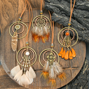 Colliers à pendentif plume en alliage de cuivre et pierre turquoise, style bohème ethnique, collier long unisexe - Product Image 2