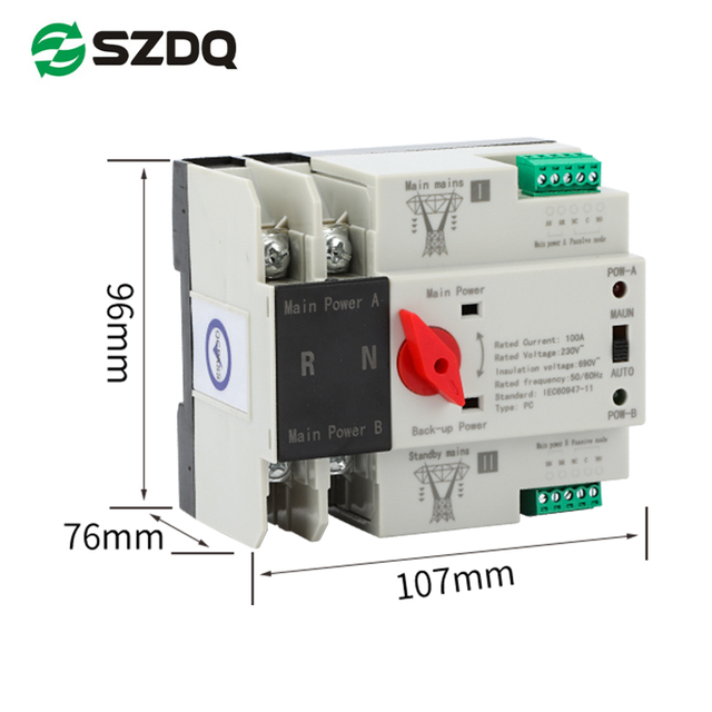 SZDQ 3P 3-Phase Din Rail ATS PV Inverter Dual Power Automatic Transfer Selector Switches 125A Photovoltaic Copper MCB Model ATS
