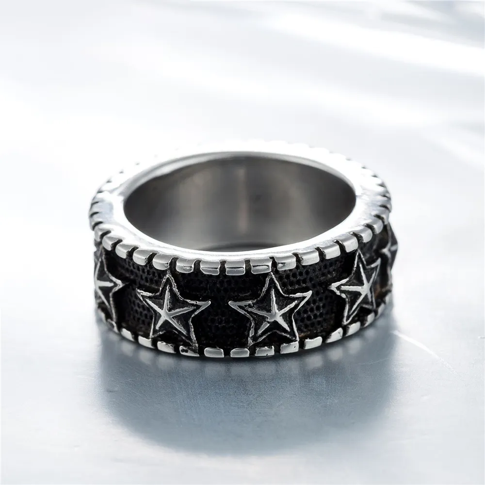316L Herren Punk Gothic Style Magic Pentagram Star Silber Schwarz Band Unisex Edelstahl Ring