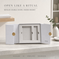 Boîte cadeau magnétique à double porte avec bord biseauté personnalisé, papier coton blanc gaufré