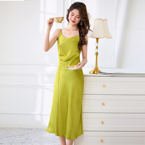 Olive Yellow Spaghetti Strap Dress Women Slim Fit Tummy Control Solid Color Casual Daily Wear Polyester Fabric - Product Image 1