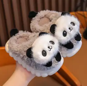 Cartoon Panda Slippers Voor Kinderen Warme Glijbanen Schoenen Peuter Harige Slippers Bont Huis Schoenen Kind Panda Slippers Met Riem