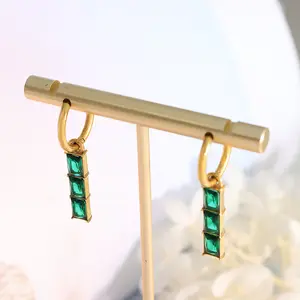 18k Gold PVD Plated Green Emerald Glass Stone Pendant Drop Earrings Stainless Steel Fashion Custom Jewelry for Women Lady