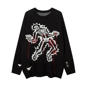 Quick Customize Jacquard Knitted Sweater Skull Skeleton With Broken Hole Tassel Pullover Knitted Sweater Jumper