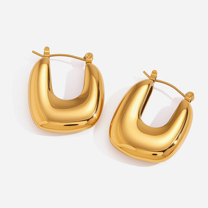 Boucles d'oreilles créoles en forme de U en acier inoxydable poli, design géométrique, pour femmes, bijoux tendance - Product Image 1