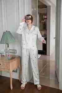 Tam boy ipek saten pijama kadın iki adet düz renk boru rahat kadın pijama seti - Product Image 3