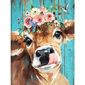 Atacado Pintura Diamante Animais Vaca Flores Curto Lint Ab Broca Quadrado Ou Redondo Broca Design Personalizado Handmade Home Decor