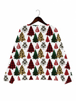 Pull en tricot pour femme à imprimé sapin de Noël, col en V, manches longues, motif écossais et léopard, pour les fêtes