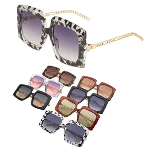 New Unique Black Square Sunglasses Women Oversize Big Frame Sun Glasses Metal Chain Leg Shades Party Glasses UV400