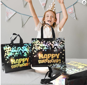 Grande <span class=keywords><strong>borsa</strong></span> regalo di compleanno riutilizzabile in tessuto Non tessuto nero con pois lucidi oro per feste di buon compleanno o uso del supermercato - Product Image 4