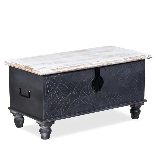 Black and White Wooden Storage Trunk - Hand Carved Design Antique Charm Distressed White Painted Top Indian Handicraft Furniture