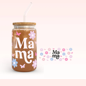 Vaso de Vidrio Libbey de 16 oz para el Día de la Madre, con Diseño Floral de Mariposa y Mamá, con Impresión por Transferencia, Regalo Perfecto para tu Mamá - Product Image 1