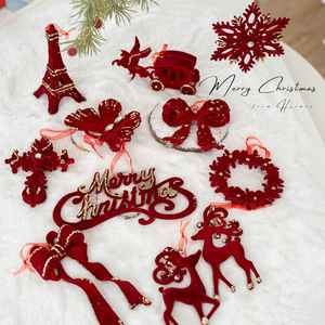 Oferta Especial: Adorno de Árbol de Navidad de Terciopelo Rojo con Alce y Copo de Nieve Flocado Rojo para Decoración de Fiestas Navideñas - Product Image 2