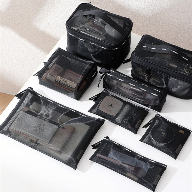NEW Fashion Nylon Mesh Cosmetic Makeup Bags Set for Ladies and Girls Luxury Travel Toiletry Black Nylon Mesh Cosmetic Makeup Bag