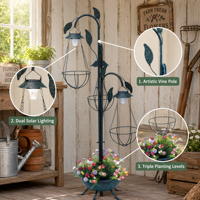 Support de Jardinière Solaire 3 Paniers 3 Lumières avec Paniers en Fibre de Coco Suspendus, Cadre en Fer Thermolaqué, Décoration Quotidienne pour Jardin et Patio