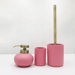 Factory Supplier Pink Lotion Dispenser Resin Toilet Decoration Soap Dispenser Concrete Bathroom Accessories Set