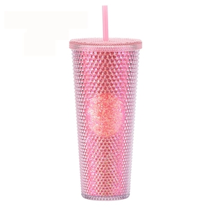 Vaso de Plástico con Tachuelas de Diamantes de 24 oz, Taza para Café Helado con Pajita <span class=keywords><strong>y</strong></span> Tapa, Vaso de Viaje Mate de Doble Pared para Boca Ancha - Product Image 4