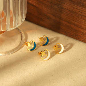 Star And Moon <b>Stud</b> Earrings 18k Gold Plated <b>Titanium</b> Steel Geometric Design For Women Gift Jewelry TE6853 BL - Product Image 2