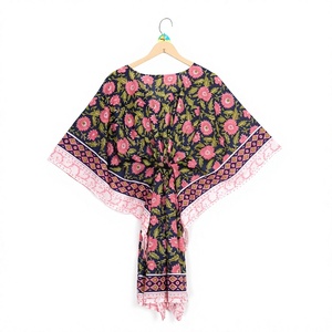 Women's Cotton Dressing Gown Anokhi Print Short Dress Korean Sleeved Block Print Beach Kaftan Summer Wear Casual Short <b>Poncho</b> - Product Image 1