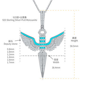 Zanlong 14207ブルーエナメルエンジェルウィングスヒップホップトレンドS925シルバー & 18k金メッキモアッサナイトチェーンネックレス - Product Image 5