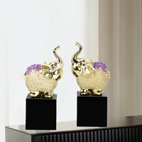 Figurines d'éléphants en métal en gros d'usine avec paire de cristaux d'améthyste naturelle, décoration Feng Shui pour la maison et le bureau, OEM disponible