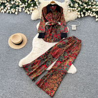 Ensemble de vêtements pour femmes, chemisier à manches longues imprimé élégant pour l'automne, avec ceinture à nouer, et pantalon large, pour les trajets quotidiens