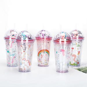 Gobelet en plastique à double paroi de 16 oz avec paille, gobelet à paillettes licorne pour enfants - Product Image 1