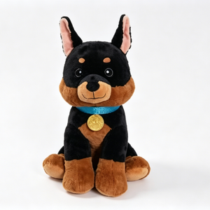 Peluche Personalizado de Doberman Pinscher, Cachorro de Doberman Sentado en Color Negro y Marrón con Collar Azul y Etiqueta de Medalla Dorada - Product Image 3