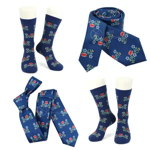 Supplier High Quality Navy Blue Custom Floral Pattern Combed Cotton Mens Socks Silk Print Neck Ties Set