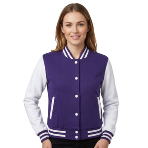 Veste universitaire pour femme, couleur violette, manches blanches, col boutonné contrastant, hiver, 100% coton, imperméable, coupe-vent, doublure en polaire - Product Image 1