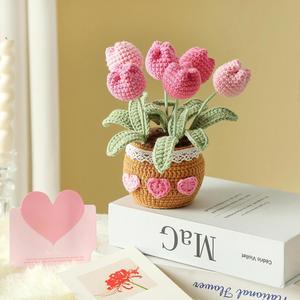 Aiwen Handmade Tulips Crochet Flower Bouquet Crocheted Potted Plant Knitted Flowers Forever Tulip Pot Crafted Home Office <b>Decor</b> - Product Image 4