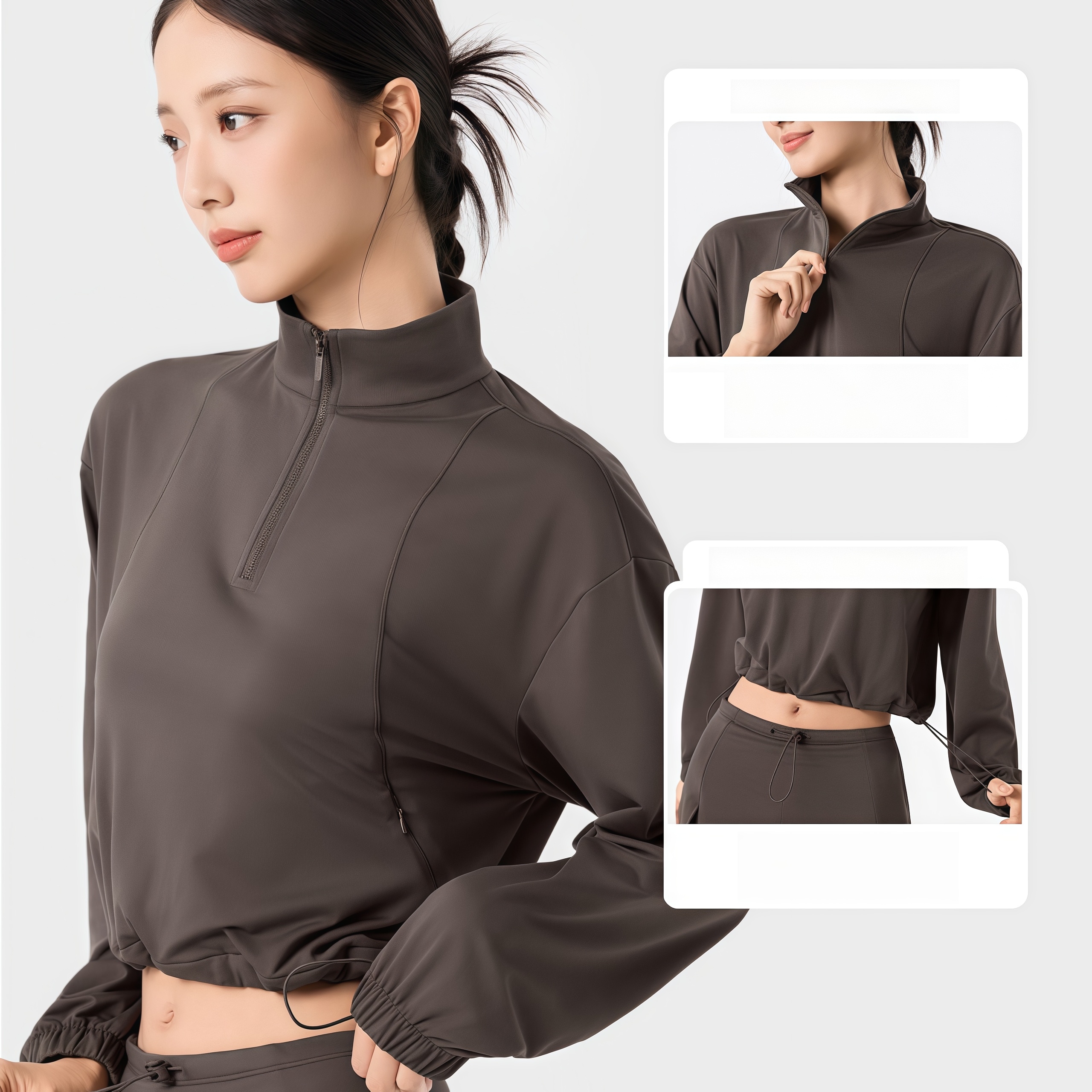 Women's Athletic Long Sleeve Top Half Zip High Neck Drawstring Hem Cropped Fit Sportswear for Workout Yoga Fitness
