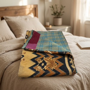 Handcrafted Cotton Kantha Quilt Reversible Bedspread with Traditional Embroidery Vintage Bohemian <b>Indian</b> Bedding <b>Throw</b> Blanket - Product Image 3
