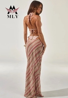 Lichtgewicht, ademende driedelige bikiniset, op maat gemaakte thong badpak dames halter hoge snit stretch doorschijnende maxi rok