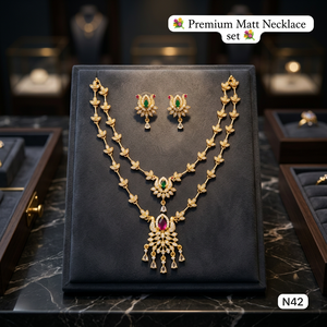 Premium Matt Finish CZ Necklace <b>Set</b> with Earrings Green Stone Bridal & Party Wear Artificial Jewelry for Women - Product Image 3