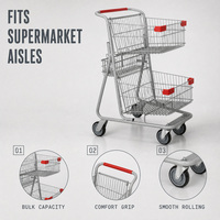 Chariot de supermarché à deux niveaux avec paniers en fil métallique pour chaînes de magasins de proximité et fournisseurs en gros